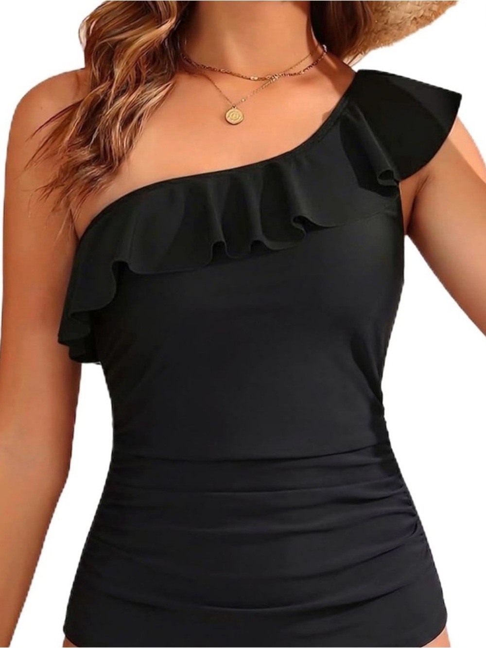 Women black one shoulder ruffle Tankini